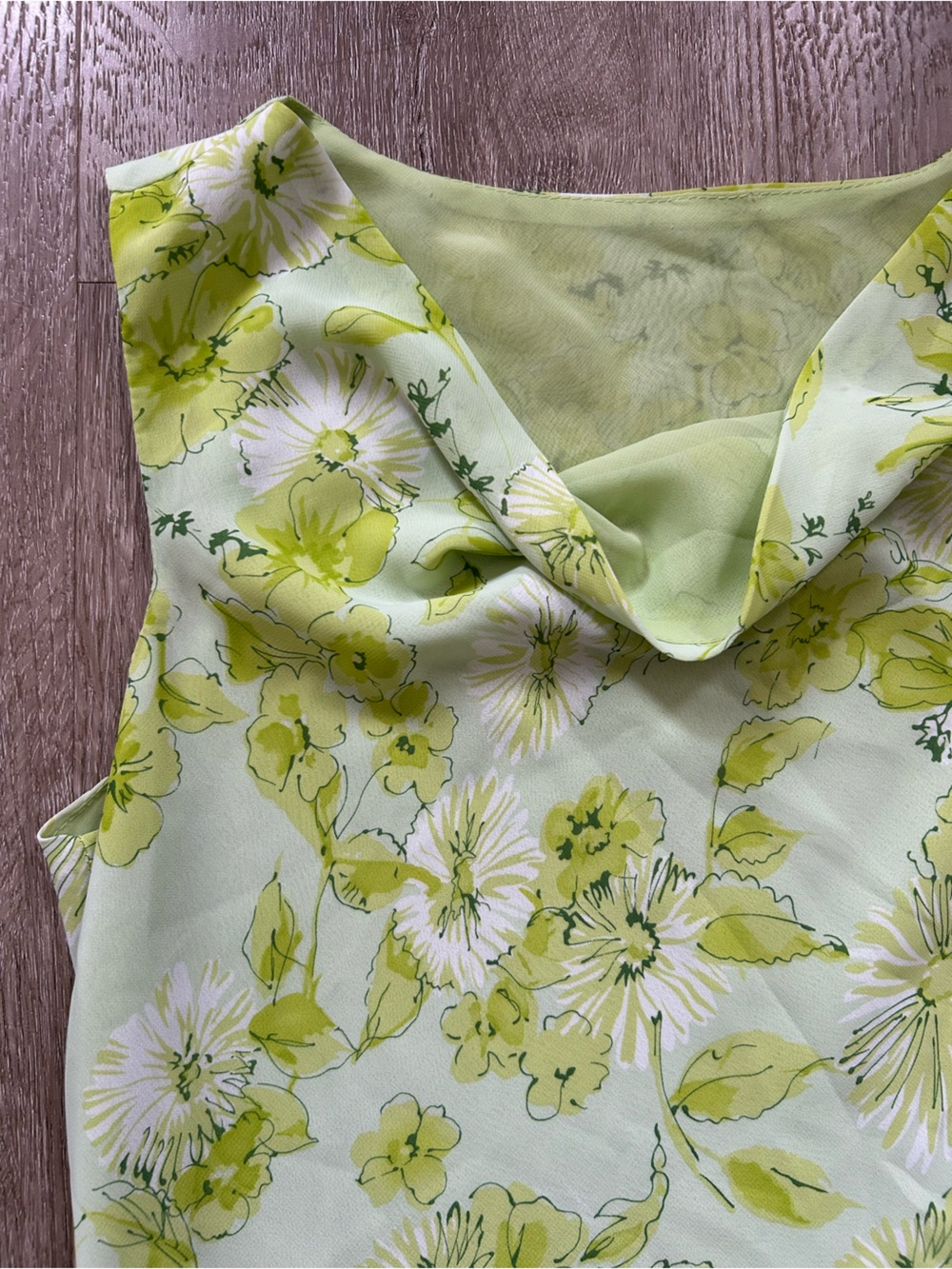 Y2K Lime Floral Asymmetric Cowl Neck Sleeveless Top - Picture 2 of 4